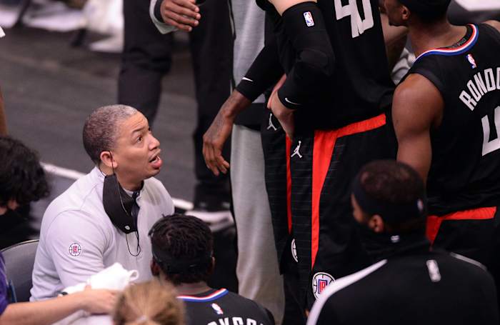 May 13, 2021; Charlotte, North Carolina, USA; Los Angeles Clippers head coach Tyronn Lue (L) talks with his team during the second half against the Charlotte Hornets at the Spectrum Center. Mandatory Credit: Sam Sharpe-USA TODAY Sports